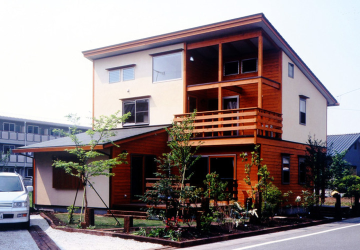 左官壁とカラマツ板を外壁に用いた外観