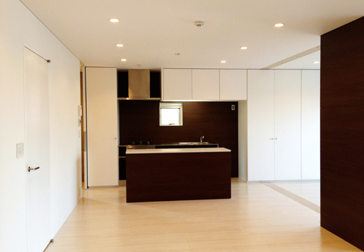 背面収納とシンプルなアイランドキッチン