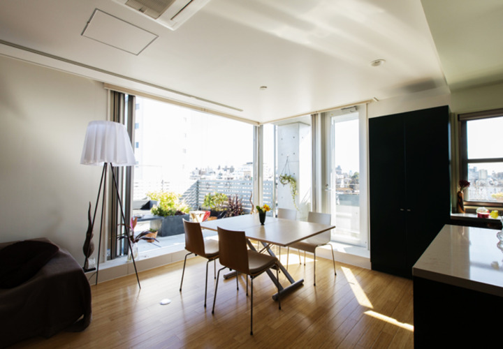 東南にテラスに面した開口をもつリビング