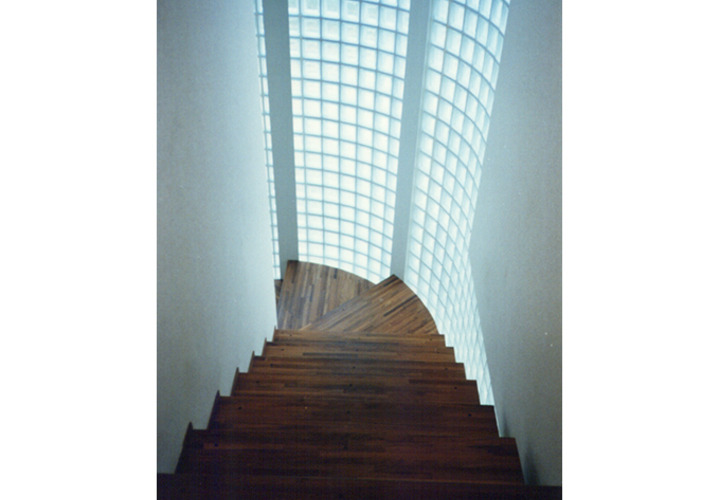 天然のチークの踏板とガラスブロックの対比