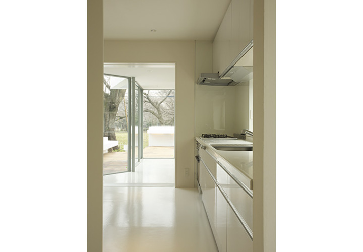 全面ガラスからの光に溢れる白いキッチン