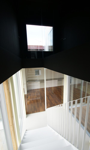 真っ黒の２階中壁と白く軽やかな１階スペースが、視覚的に楽しめる階段スペース