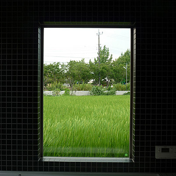 浴室の窓で切り取られた風景