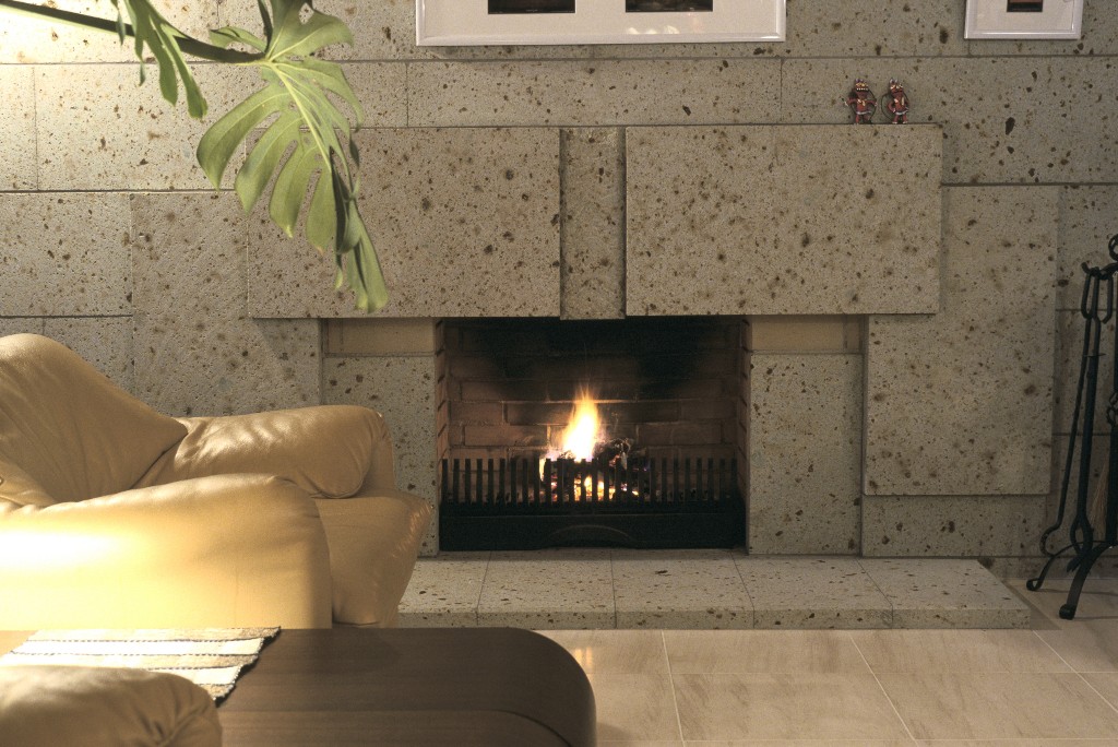 リビングは暖炉の炎を眺めてのんびり寛げるスペース