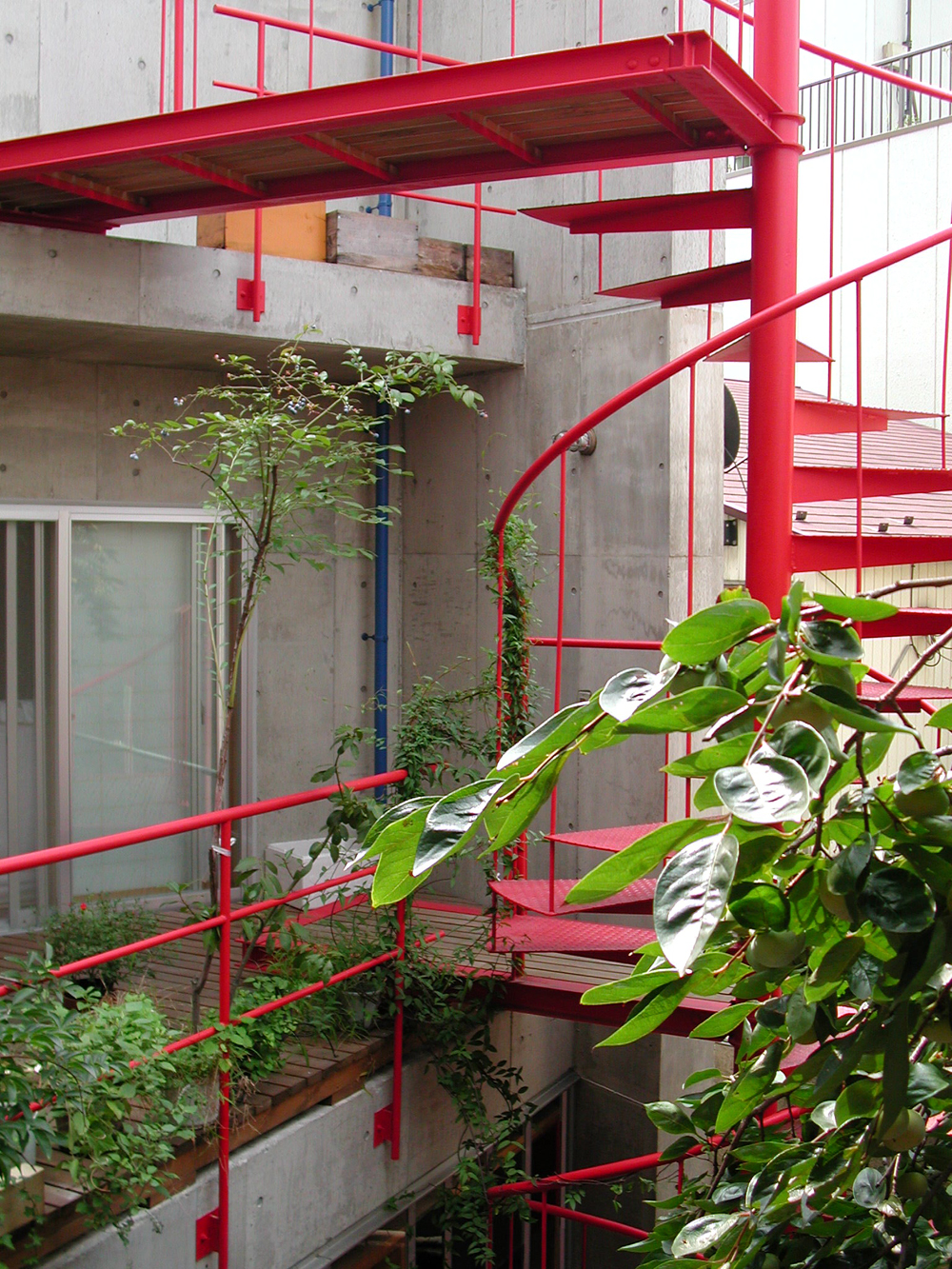 無機質なコンクリート打ち放しに真っ赤な階段がアクセントに