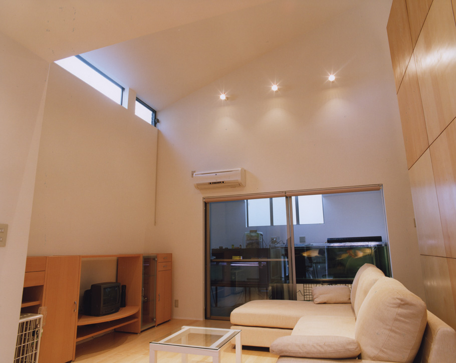 屋根の勾配を利用し天井高をめいいっぱい高くした、気持ちのよいリビング
