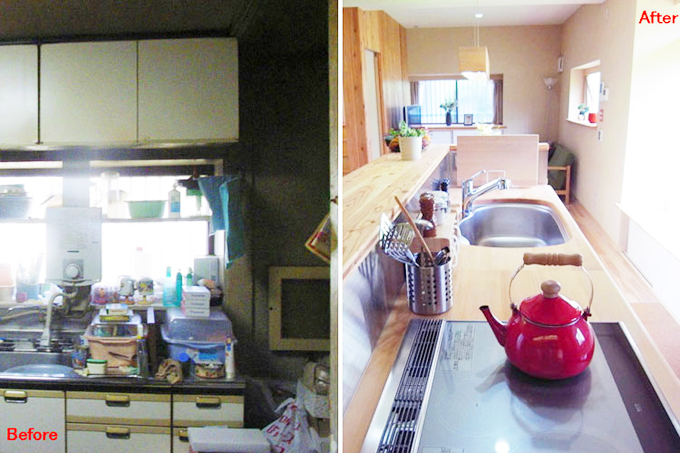 古代ヒノキを再利用したキッチンカウンター