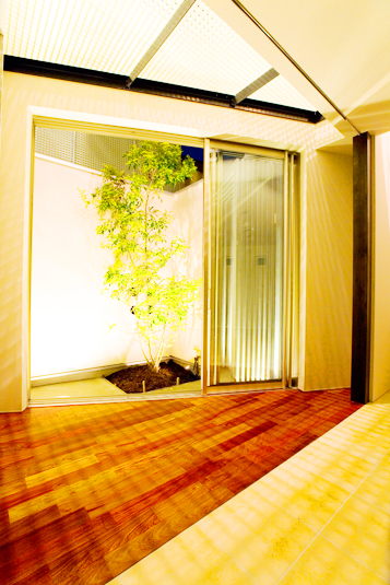 内観７／リビングー中庭／夜