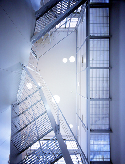 1Fホールより吹き抜け越しに2F天井を見上げる