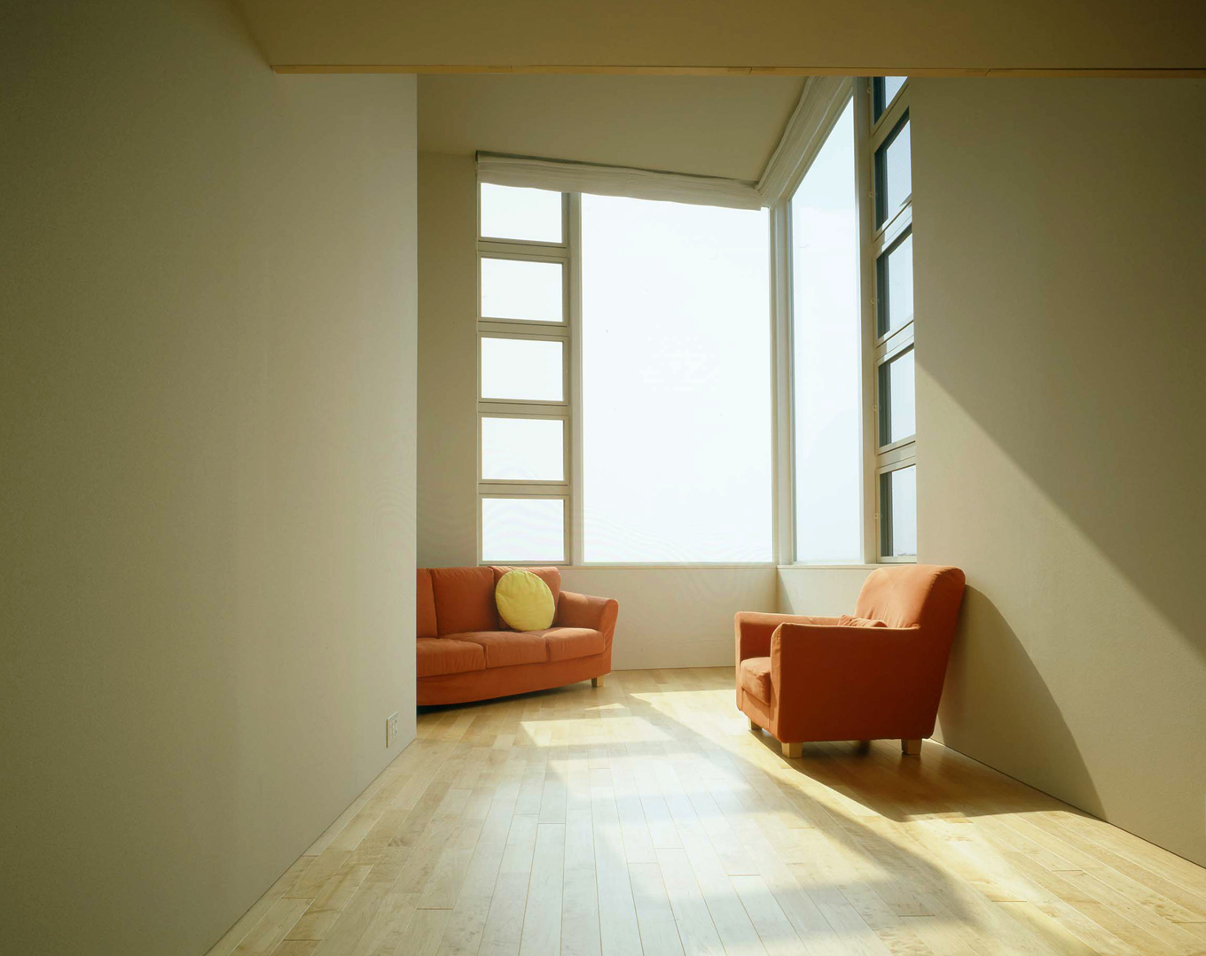 天井の高いリビングの角を2面開放し、窓から差し込む陽射