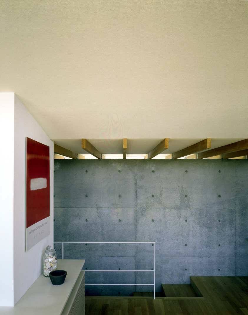 屋根垂木の間をハイサイドの窓にして、空間の光を楽しむ