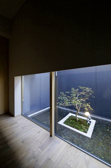 玄関奥の地窓より水盤を見る。