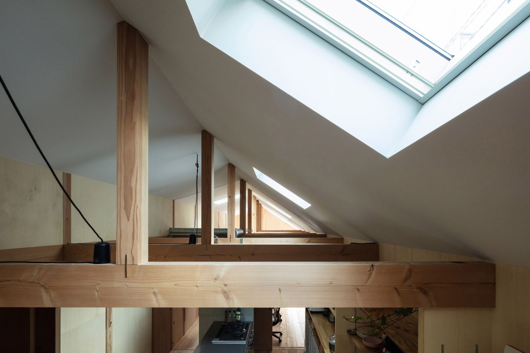 1,400mmスパンの均等な架構。合間に設けたトップライトから入る光は白く塗装した天井面で拡散します。