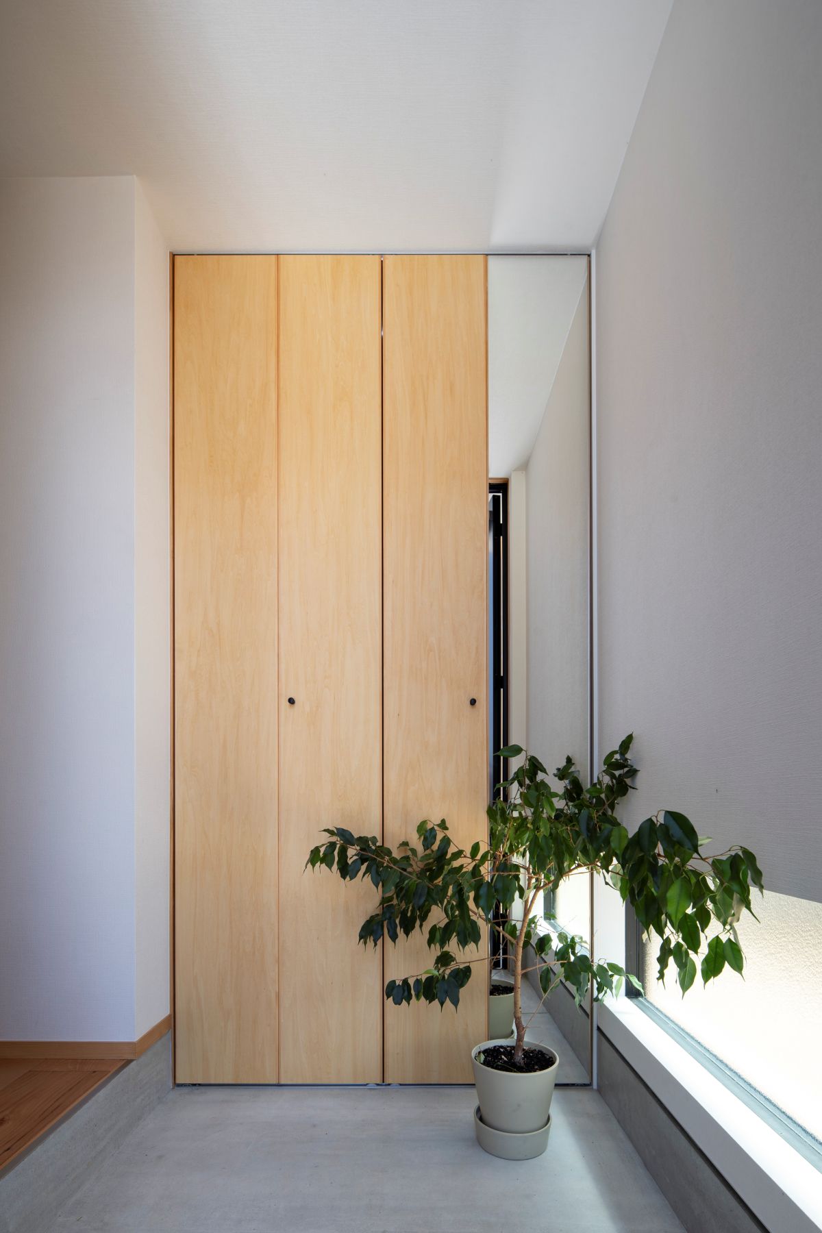 玄関土間。姿見を兼ねた製作建具。