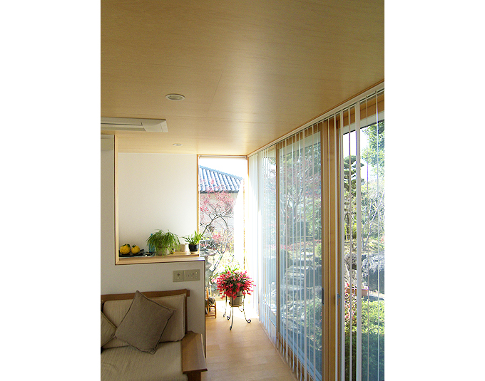 インテリアにも緑が配され庭とつながったリビング