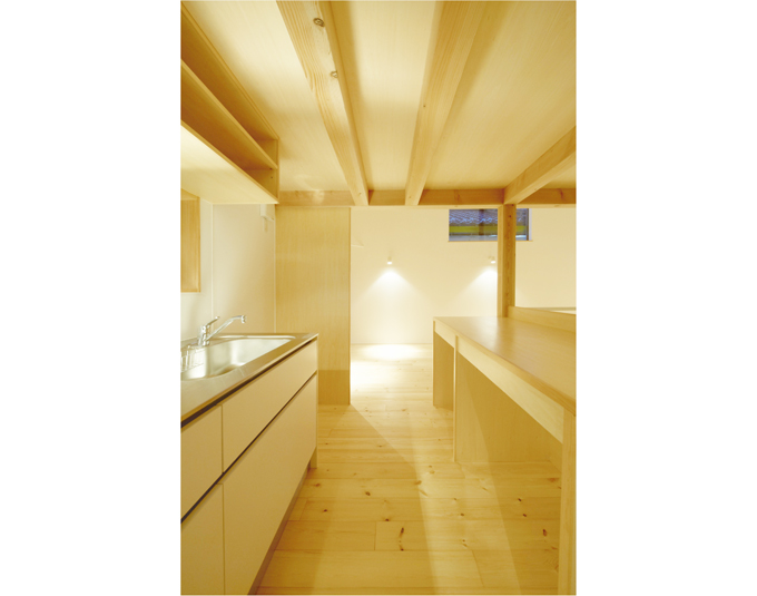 システムキッチンとつくり付けの収納棚を配置したキッチン