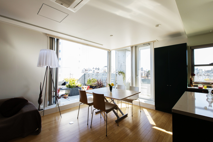 東南にテラスに面した開口をもつリビング