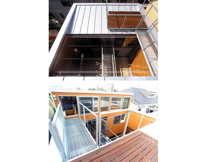 金属屋根と木デッキ