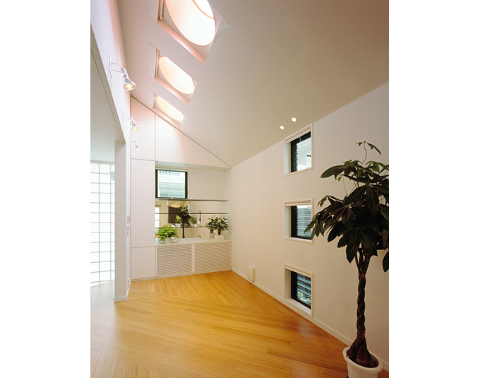 ガラスの飾棚、玄関にはガラスブロックの光