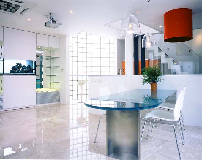 熱帯魚と光のレンガのグラスシェルフ