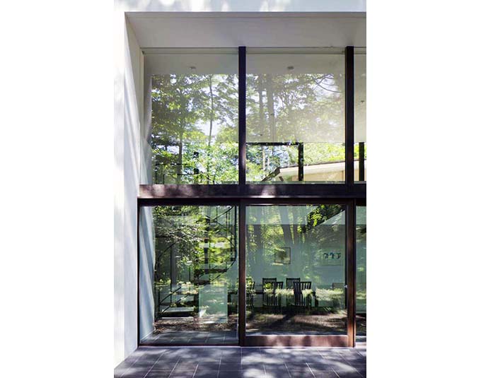 木立が窓に写り自然と一体の家